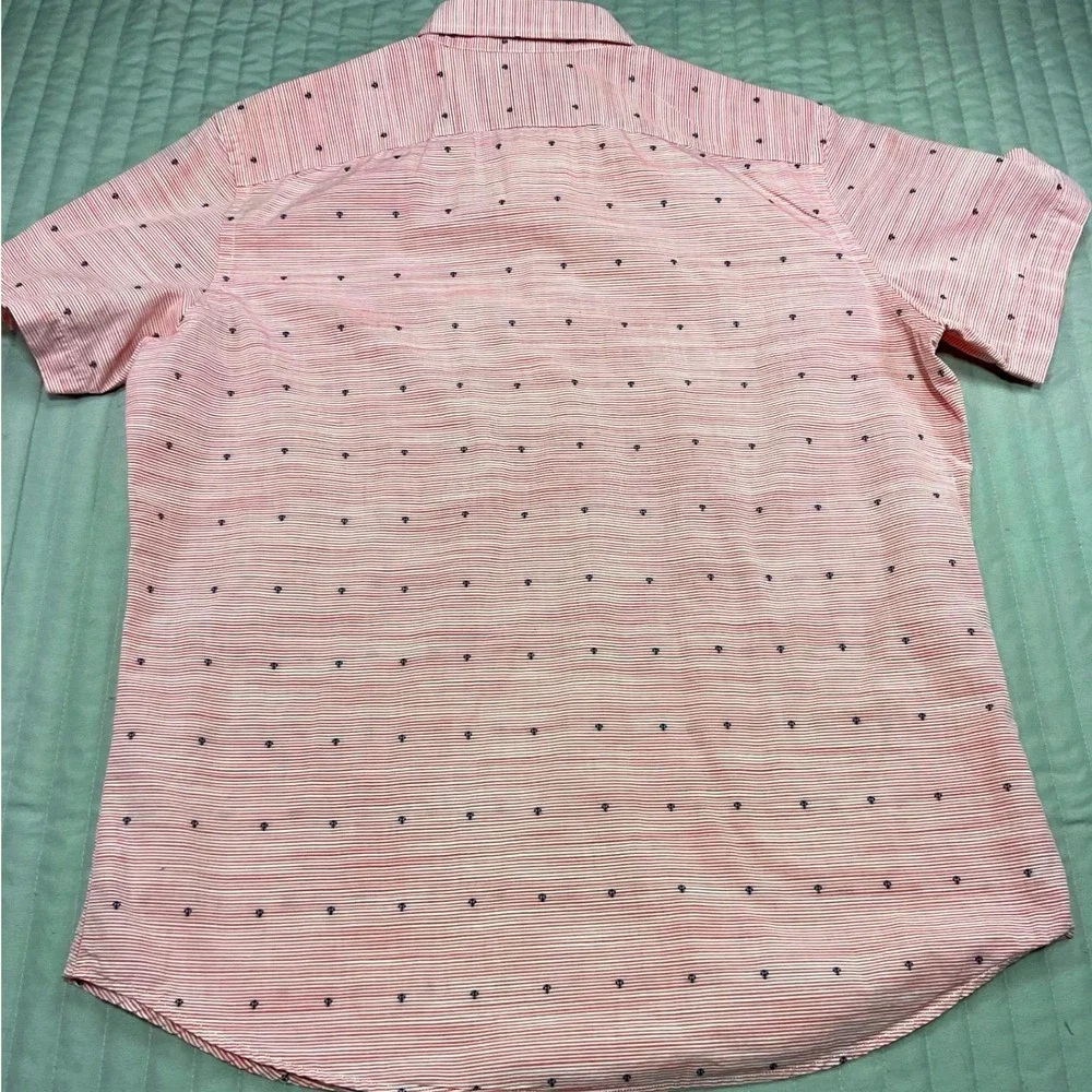 Banana Republic Mens Short Sleeve‎ Shirt Red White Striped Micro Anchor Print L